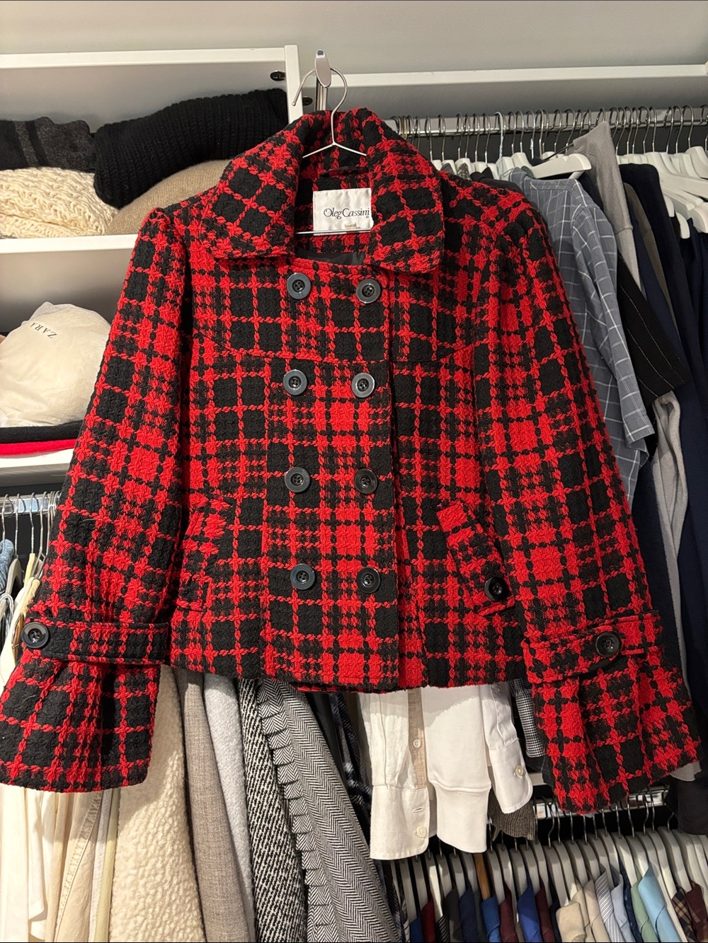 Oleg Cassini Red and Black Plaid Double-Breasted Pea Coat